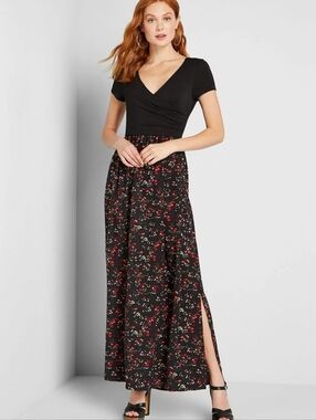 Modcloth Black Floral Maxi Dress with Side Slit